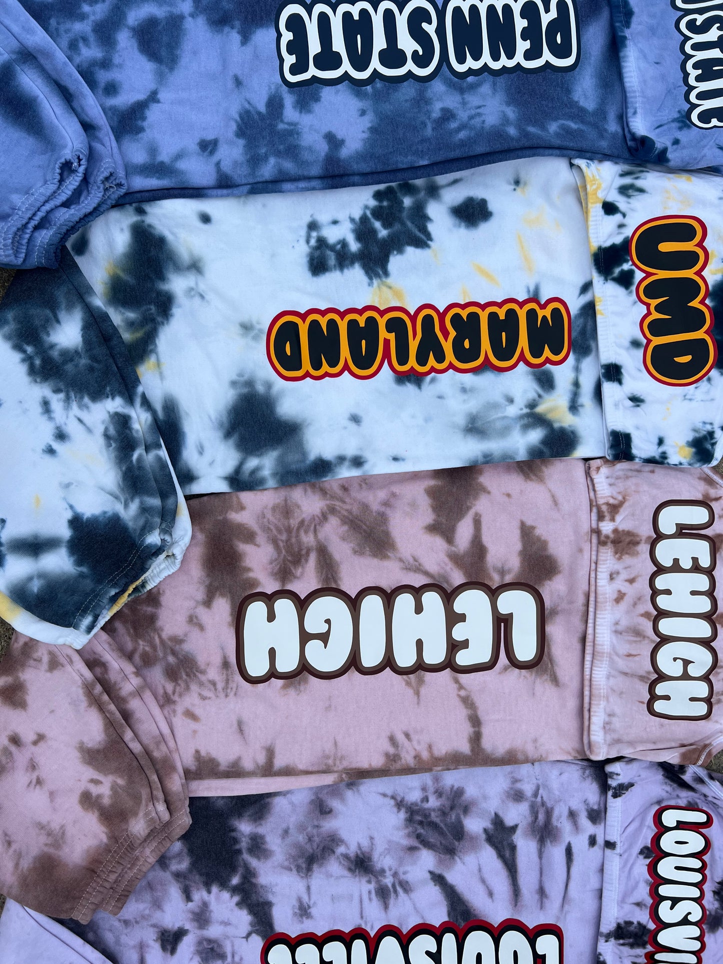 In stock ready to ship college tie dye bralette and sweatpants sets