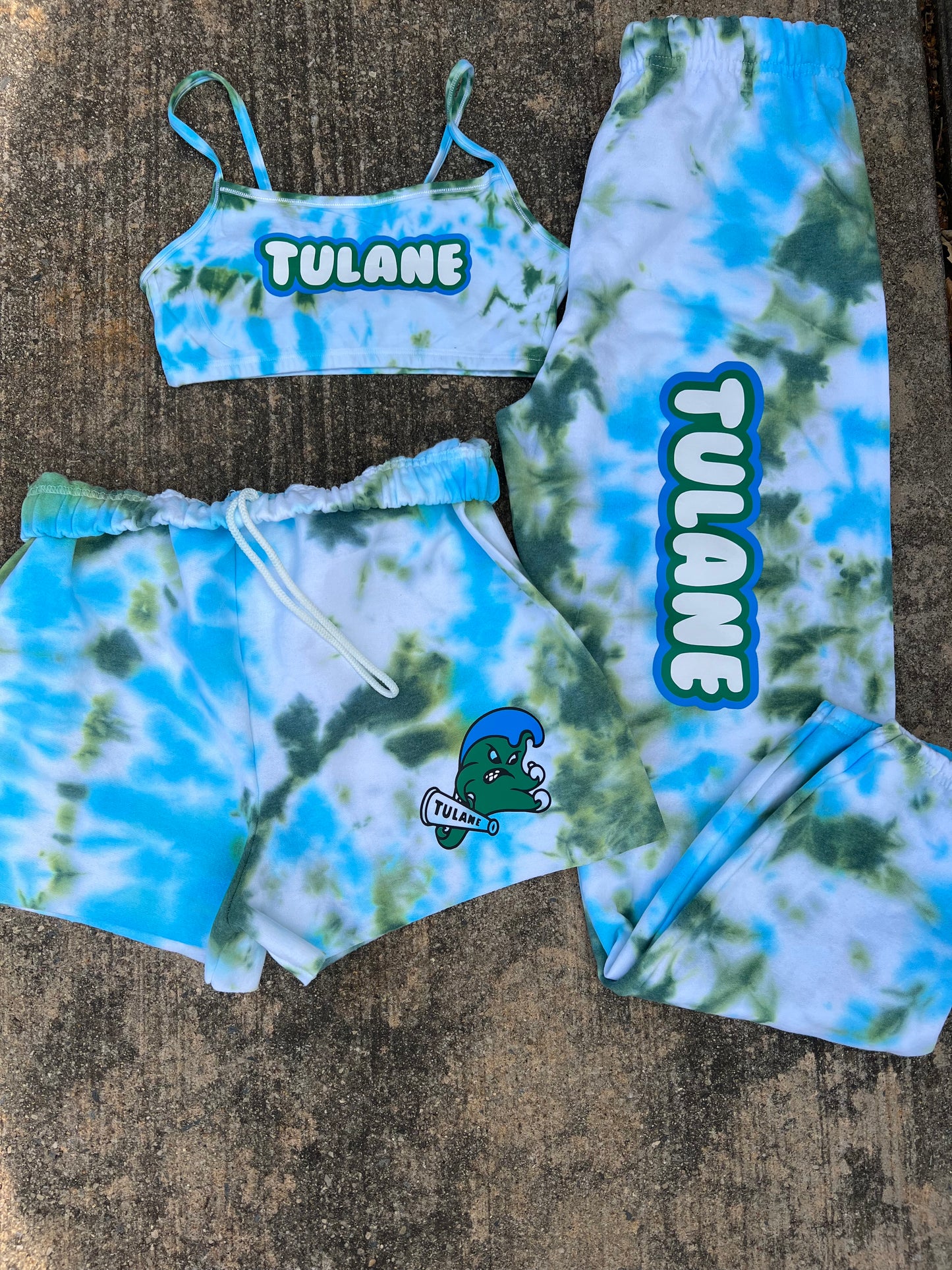 Custom College Any College or Sorority Tie Dye Bralette Sweatshort and Sweatpant Set