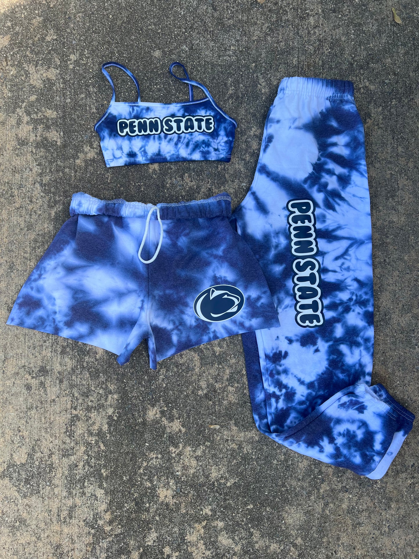 Custom College Any College or Sorority Tie Dye Bralette Sweatshort and Sweatpant Set