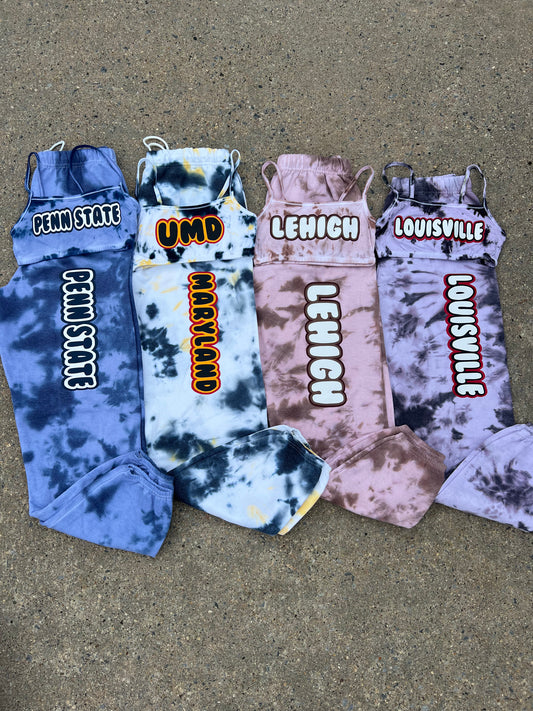 In stock ready to ship college tie dye bralette and sweatpants sets