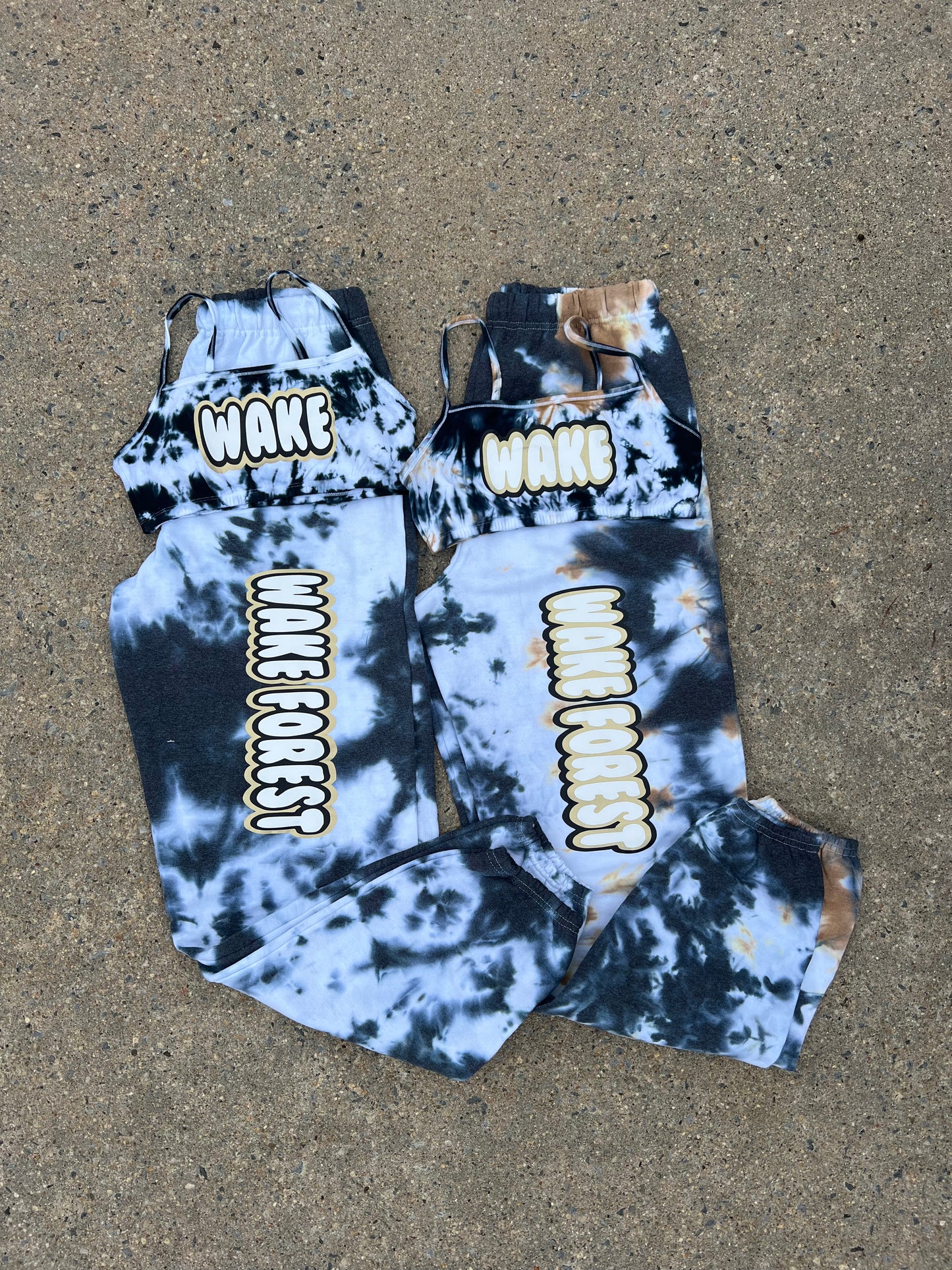 In stock ready to ship wake forest tie dye bralette and sweatpants sets