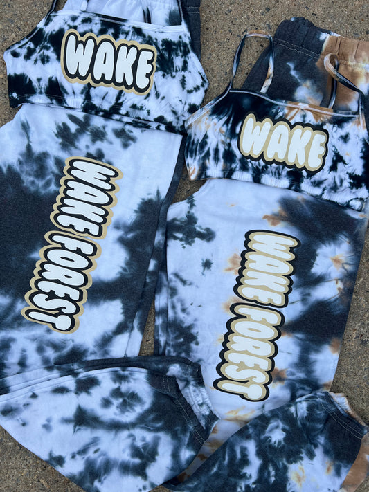 In stock ready to ship wake forest tie dye bralette and sweatpants sets